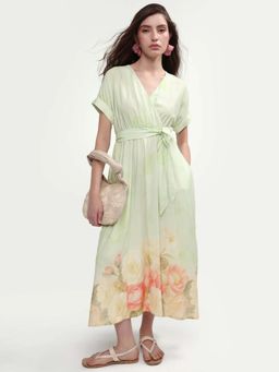 RAREISM - Green Floral Printed Dress with Belt