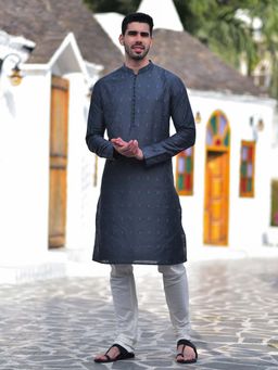 House of Deyann - Silver Jacquard Kurta with Churidar (Set of 2)