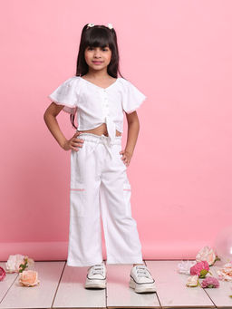 SAKA DESIGNS - Girl White Front-Knot Button Co-Ord (Set of 2)
