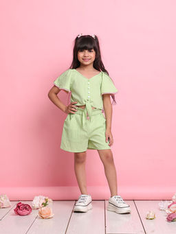 SAKA DESIGNS - Girl Green Front-Knot Top and Shorts (Set of 2)