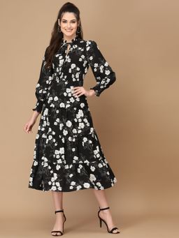 KASSUALLY - Black Floral Tie-Up Neck Crepe Midi Dress