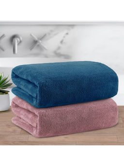 Story@Home - 400 GSM Microfiber Bath Towel, Navy Blue & Peach, Solid (Pack of 2)
