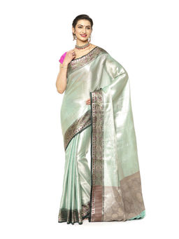 Banarasi Silk Works - Green Kanchi Silk Zari Jamawar Border Saree with Unstitched Blouse