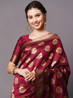 Akhilam - Wine Festive Silk Blend Woven Design Saree with Unstitched Blouse with Unstitched