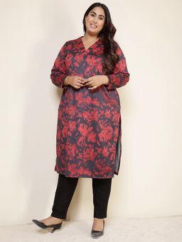 Amydus - Red Polyester Blend Floral Straight Kurta