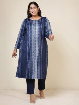 Amydus - Blue Polyester Blend Stripes Straight Kurta