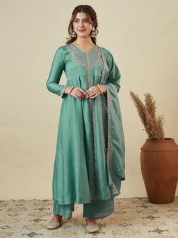MOKOSH - Silk Heavy Embroidered Green Anarkali with Palazzo and Dupatta