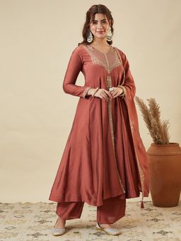 MOKOSH - Silk Heavy Embroidered Brown Anarkali with Palazzo and Dupatta