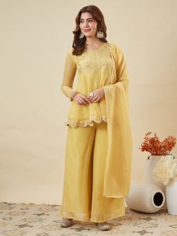 MOKOSH - Silk Yellow Embroidered Kurta with Palazzo and Dupatta