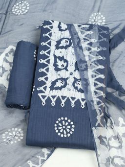MEENA BAZAAR - Cotton Blue Printed Unstitched Kurta with Unstitched Pant and Dupatta