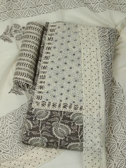 MEENA BAZAAR - Cotton Grey Embroidered Unstitched Kurta with Unstitched Pant and Dupatta
