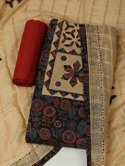 MEENA BAZAAR - Cotton Black Floral Unstitched Kurta with Unstitched Pant and Dupatta