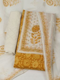 MEENA BAZAAR - Cotton Mustard Floral Unstitched Kurta with Unstitched Pant and Dupatta