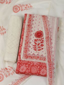 MEENA BAZAAR - Cotton Pink Floral Unstitched Kurta with Unstitched Pant and Dupatta