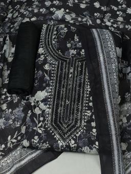 MEENA BAZAAR - Black Muslin Embroidered Unstitched Kurta with Unstitched Pant and Dupatta