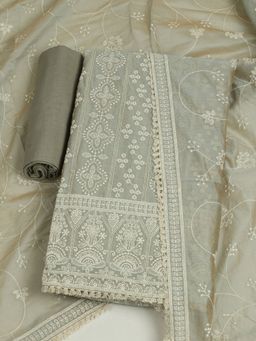 MEENA BAZAAR - Chanderi Grey Embroidered Unstitched Kurta with Unstitched Pant and Dupatta