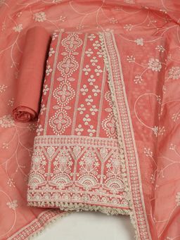 MEENA BAZAAR - Peach Chanderi Embroidered Unstitched Kurta with Unstitched Pant and Dupatta