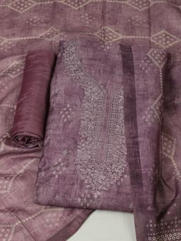 MEENA BAZAAR - Chanderi Lavender Embroidered Unstitched Kurta with Unstitched Pant and Dupatta