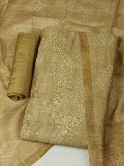 MEENA BAZAAR - Mustard Chanderi Embroidered Unstitched Kurta with Unstitched Pant and Dupatta