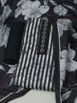 MEENA BAZAAR - Muslin Black Embroidered Unstitched Kurta with Unstitched Pant and Dupatta