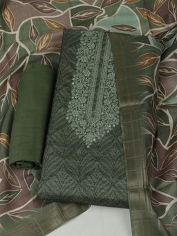 MEENA BAZAAR - Cotton Green Embroidered Unstitched Kurta with Unstitched Pant and Dupatta