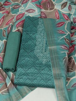 MEENA BAZAAR - Cotton Teal Embroidered Unstitched Kurta with Unstitched Pant and Dupatta