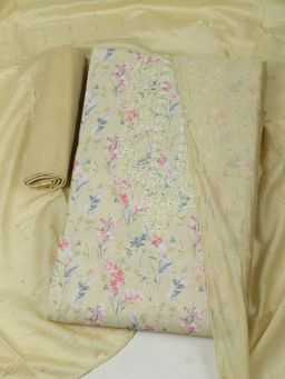 MEENA BAZAAR - Cotton Beige Embroidered Unstitched Kurta with Unstitched Pant and Dupatta