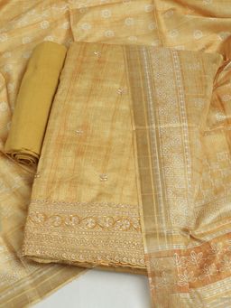 MEENA BAZAAR - Chanderi Mustard Embroidered Unstitched Kurta with Unstitched Pant and Dupatta