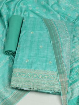 MEENA BAZAAR - Chanderi Green Embroidered Unstitched Kurta with Unstitched Pant and Dupatta