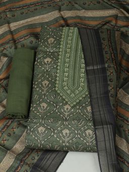 MEENA BAZAAR - Chanderi Olive Floral Unstitched Kurta with Unstitched Pant and Dupatta