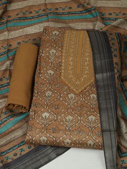 MEENA BAZAAR - Chanderi Mustard Floral Unstitched Kurta with Unstitched Pant and Dupatta