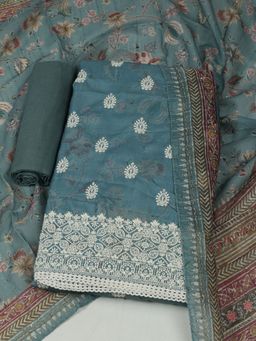MEENA BAZAAR - Blue Cotton Embroidered Unstitched Kurta with Unstitched Pant and Dupatta