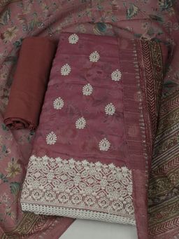 MEENA BAZAAR - Cotton Embroidered Pink Unstitched Kurta with Unstitched Pant and Dupatta