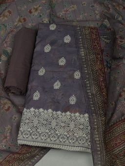 MEENA BAZAAR - Cotton Mauve Embroidered Unstitched Kurta with Unstitched Pant and Dupatta