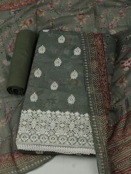 MEENA BAZAAR - Cotton Olive Embroidered Unstitched Kurta with Unstitched Pant and Dupatta