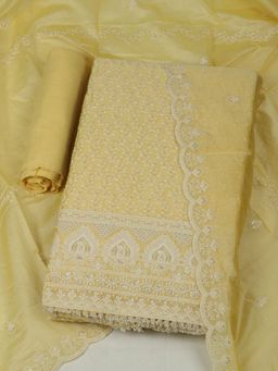 MEENA BAZAAR - Chanderi Embroidered Mustard Unstitched Kurta with Unstitched Pant and Dupatta