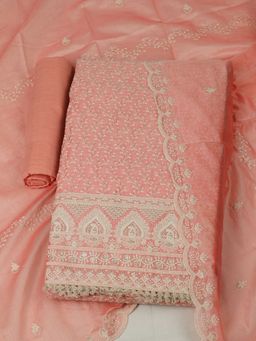 MEENA BAZAAR - Embroidered Chanderi Peach Unstitched Kurta with Unstitched Pant and Dupatta