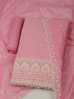 MEENA BAZAAR - Chanderi Pink Embroidered Unstitched Kurta with Unstitched Pant and Dupatta