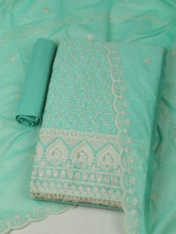 MEENA BAZAAR - Chanderi Embroidered Green Unstitched Kurta with Unstitched Pant and Dupatta