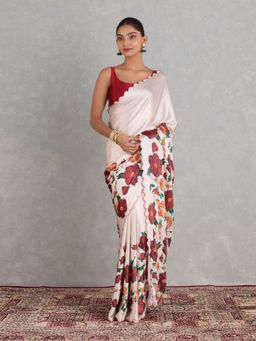 Odette - Off White Satin Solid Printed Saree with Unstitched Blouse