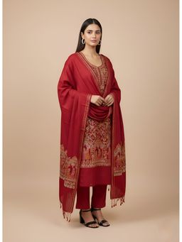 MUFFLY - Red Wollen Embroidered Unstitched Kurta with Unstitched Pant and Dupatta