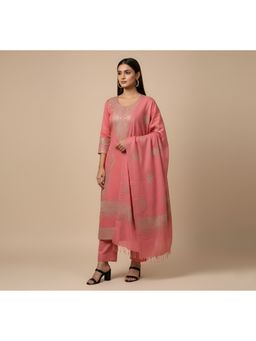 MUFFLY - Pink Wollen Embroidered Unstitched Kurta with Unstitched Pant and Dupatta