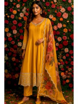 HERITAGE - Ruhani Yellow Satin Silk with Golden Embroidery Kurta with Pant and Dupatta