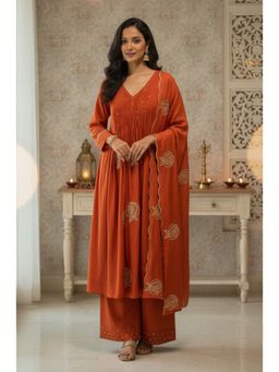 HERITAGE - Terracotta Rust Orange, Rose Pintuck Kurta with Pant and Dupatta