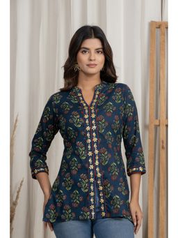 Anastay Clothing - Navy Blue Cotton Floral Straight Kurti