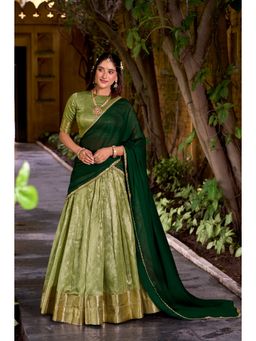 JATRIQQ - Green Dupion Silk Zari Work Stitched Lehenga and Dupatta with Unstitched Choli