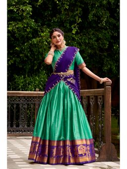JATRIQQ - Aqua Poly Cotton Zari Work Stitched Lehenga and Dupatta with Unstitched Choli