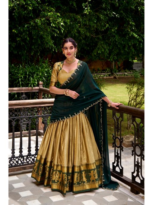 JATRIQQ Cream Poly Cotton Zari Work Stitched Lehenga and Dupatta with Unstitched Choli