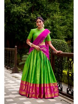 JATRIQQ - Green Poly Cotton Zari Work Stitched Lehenga and Dupatta with Unstitched Choli