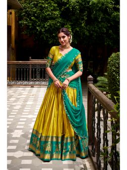 JATRIQQ - Yellow Poly Cotton Zari Work Stitched Lehenga and Dupatta with Unstitched Choli